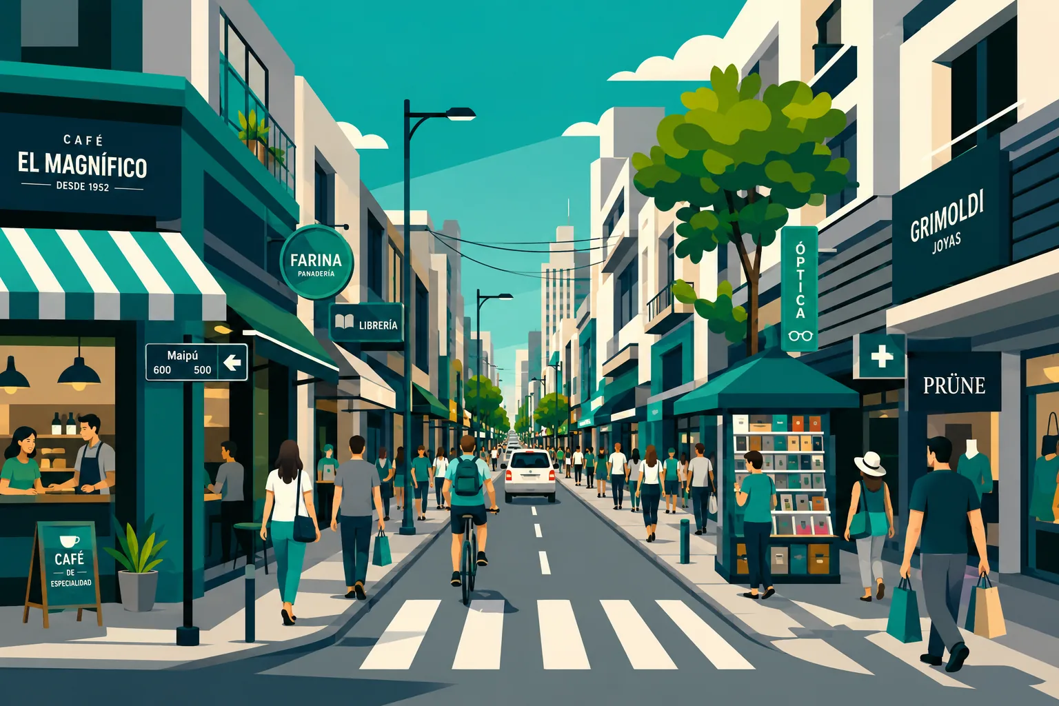 Calle comercial con la cafetería El Magnífico