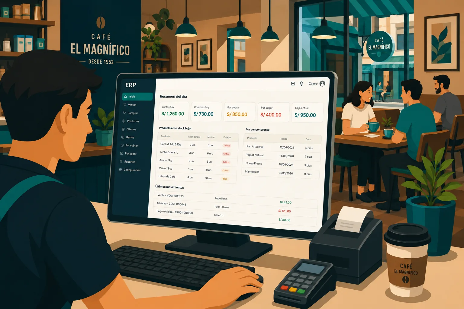 Cajero usando el sistema comercial Venta Fácil